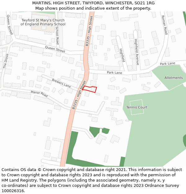 MARTINS, HIGH STREET, TWYFORD, WINCHESTER, SO21 1RG: Location map and indicative extent of plot