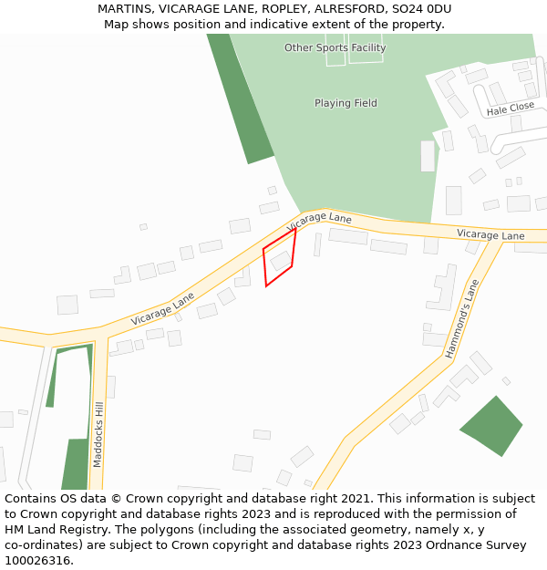 MARTINS, VICARAGE LANE, ROPLEY, ALRESFORD, SO24 0DU: Location map and indicative extent of plot