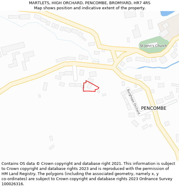 MARTLETS, HIGH ORCHARD, PENCOMBE, BROMYARD, HR7 4RS: Location map and indicative extent of plot