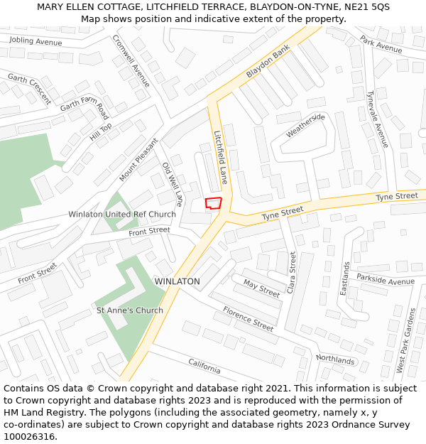 MARY ELLEN COTTAGE, LITCHFIELD TERRACE, BLAYDON-ON-TYNE, NE21 5QS: Location map and indicative extent of plot