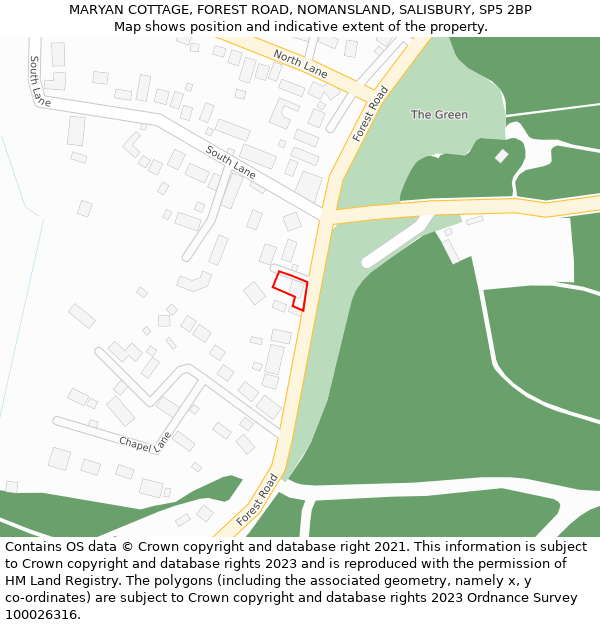 MARYAN COTTAGE, FOREST ROAD, NOMANSLAND, SALISBURY, SP5 2BP: Location map and indicative extent of plot