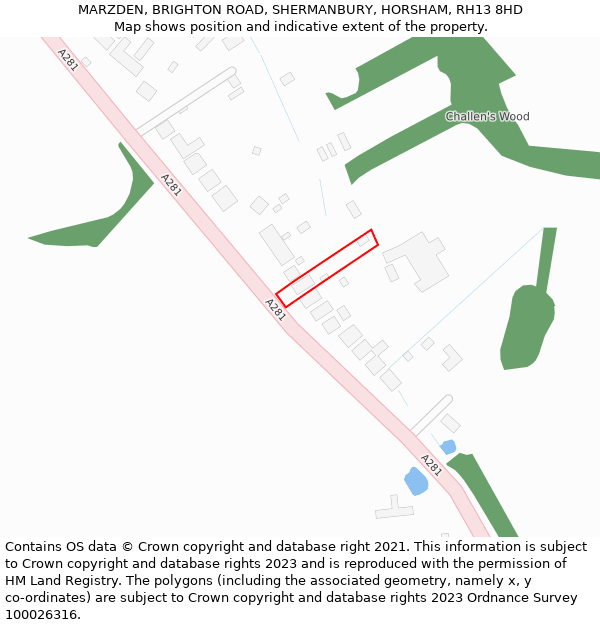 MARZDEN, BRIGHTON ROAD, SHERMANBURY, HORSHAM, RH13 8HD: Location map and indicative extent of plot
