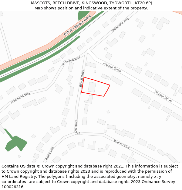 MASCOTS, BEECH DRIVE, KINGSWOOD, TADWORTH, KT20 6PJ: Location map and indicative extent of plot