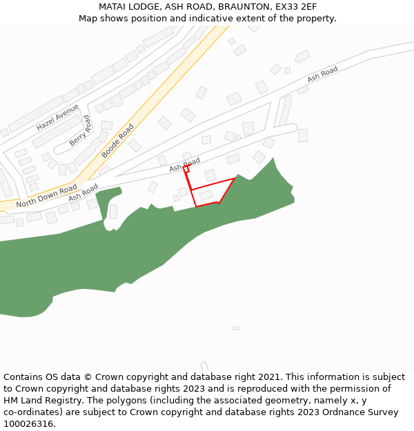 MATAI LODGE, ASH ROAD, BRAUNTON, EX33 2EF: Location map and indicative extent of plot