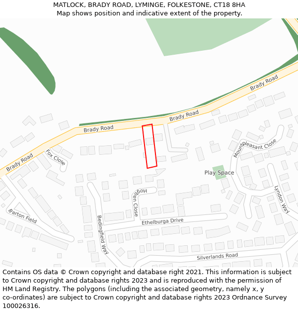 MATLOCK, BRADY ROAD, LYMINGE, FOLKESTONE, CT18 8HA: Location map and indicative extent of plot