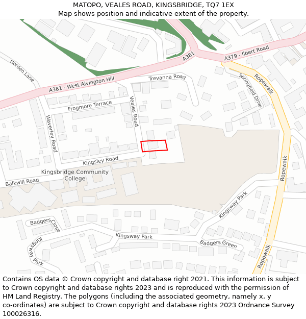 MATOPO, VEALES ROAD, KINGSBRIDGE, TQ7 1EX: Location map and indicative extent of plot
