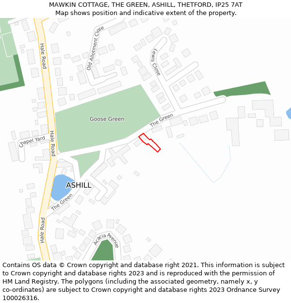 MAWKIN COTTAGE, THE GREEN, ASHILL, THETFORD, IP25 7AT: Location map and indicative extent of plot