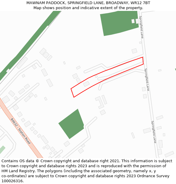 MAWNAM PADDOCK, SPRINGFIELD LANE, BROADWAY, WR12 7BT: Location map and indicative extent of plot