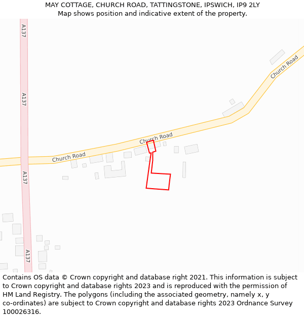 MAY COTTAGE, CHURCH ROAD, TATTINGSTONE, IPSWICH, IP9 2LY: Location map and indicative extent of plot