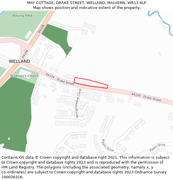 MAY COTTAGE, DRAKE STREET, WELLAND, MALVERN, WR13 6LP: Location map and indicative extent of plot