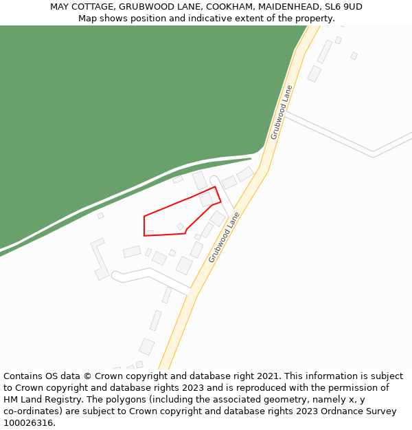 MAY COTTAGE, GRUBWOOD LANE, COOKHAM, MAIDENHEAD, SL6 9UD: Location map and indicative extent of plot