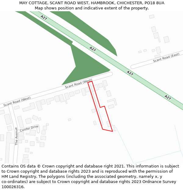 MAY COTTAGE, SCANT ROAD WEST, HAMBROOK, CHICHESTER, PO18 8UA: Location map and indicative extent of plot