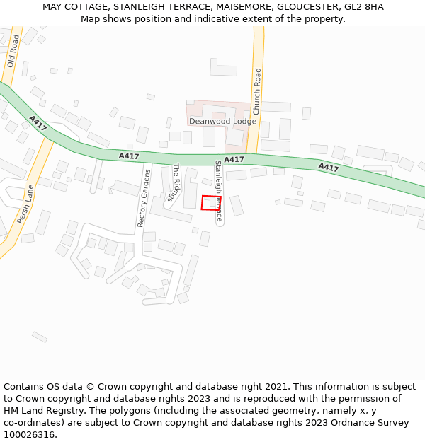 MAY COTTAGE, STANLEIGH TERRACE, MAISEMORE, GLOUCESTER, GL2 8HA: Location map and indicative extent of plot