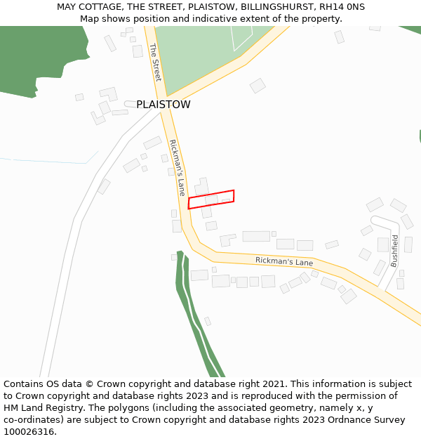 MAY COTTAGE, THE STREET, PLAISTOW, BILLINGSHURST, RH14 0NS: Location map and indicative extent of plot