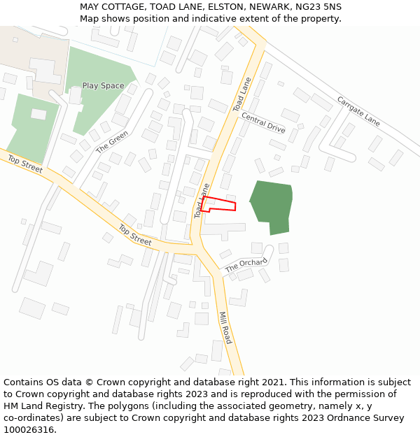 MAY COTTAGE, TOAD LANE, ELSTON, NEWARK, NG23 5NS: Location map and indicative extent of plot