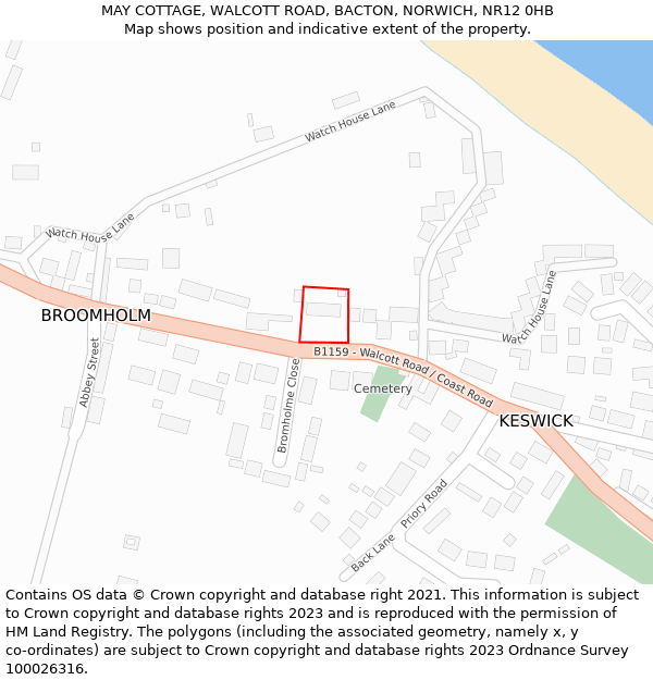 MAY COTTAGE, WALCOTT ROAD, BACTON, NORWICH, NR12 0HB: Location map and indicative extent of plot