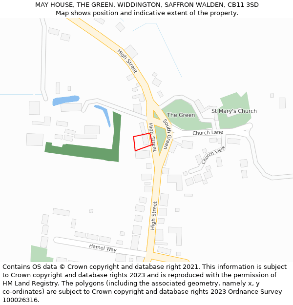 MAY HOUSE, THE GREEN, WIDDINGTON, SAFFRON WALDEN, CB11 3SD: Location map and indicative extent of plot