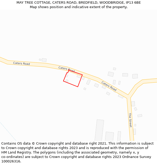 MAY TREE COTTAGE, CATERS ROAD, BREDFIELD, WOODBRIDGE, IP13 6BE: Location map and indicative extent of plot