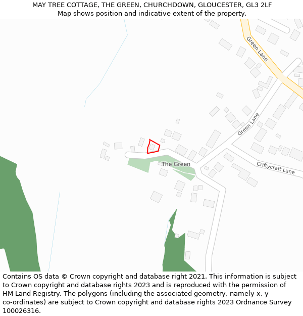 MAY TREE COTTAGE, THE GREEN, CHURCHDOWN, GLOUCESTER, GL3 2LF: Location map and indicative extent of plot