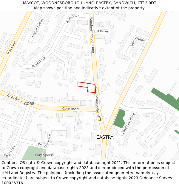 MAYCOT, WOODNESBOROUGH LANE, EASTRY, SANDWICH, CT13 0DT: Location map and indicative extent of plot
