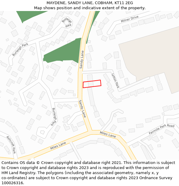 MAYDENE, SANDY LANE, COBHAM, KT11 2EG: Location map and indicative extent of plot