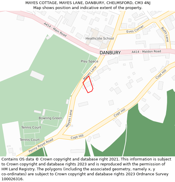 MAYES COTTAGE, MAYES LANE, DANBURY, CHELMSFORD, CM3 4NJ: Location map and indicative extent of plot