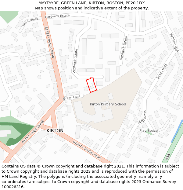 MAYFAYRE, GREEN LANE, KIRTON, BOSTON, PE20 1DX: Location map and indicative extent of plot