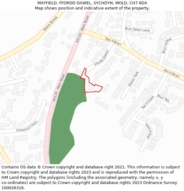 MAYFIELD, FFORDD DAWEL, SYCHDYN, MOLD, CH7 6DA: Location map and indicative extent of plot