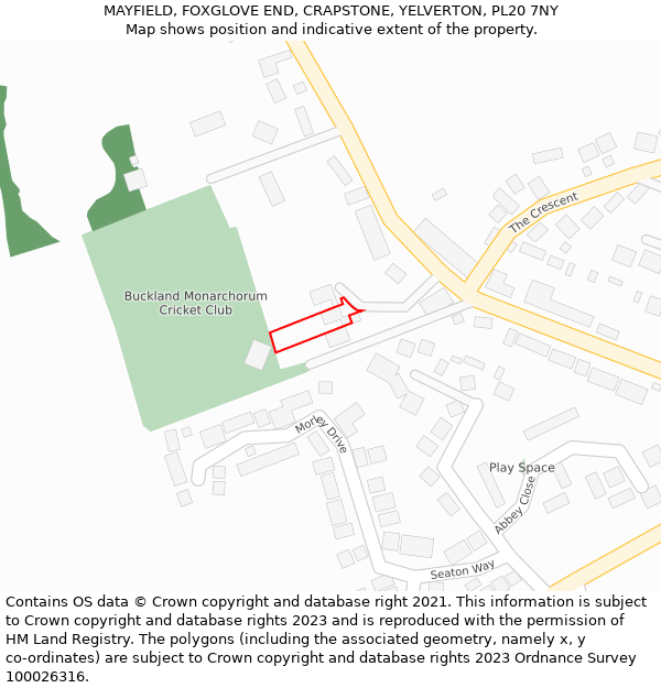 MAYFIELD, FOXGLOVE END, CRAPSTONE, YELVERTON, PL20 7NY: Location map and indicative extent of plot