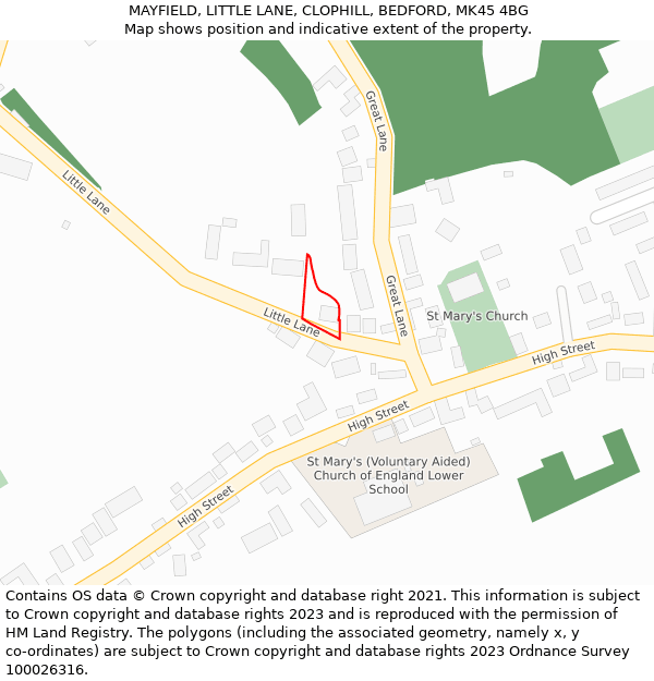 MAYFIELD, LITTLE LANE, CLOPHILL, BEDFORD, MK45 4BG: Location map and indicative extent of plot