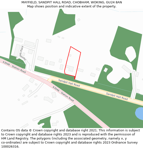 MAYFIELD, SANDPIT HALL ROAD, CHOBHAM, WOKING, GU24 8AN: Location map and indicative extent of plot