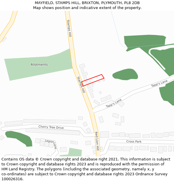 MAYFIELD, STAMPS HILL, BRIXTON, PLYMOUTH, PL8 2DB: Location map and indicative extent of plot