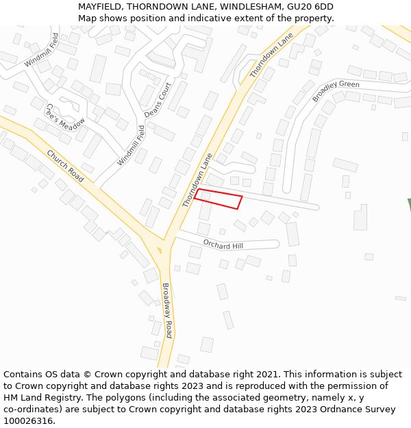 MAYFIELD, THORNDOWN LANE, WINDLESHAM, GU20 6DD: Location map and indicative extent of plot
