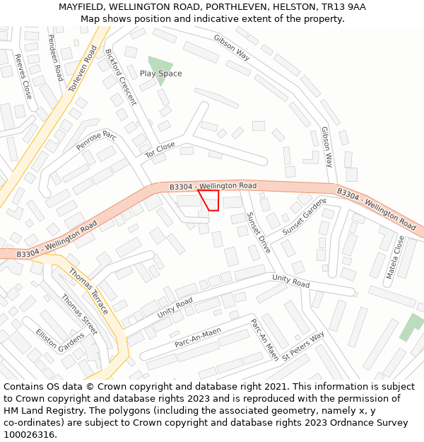 MAYFIELD, WELLINGTON ROAD, PORTHLEVEN, HELSTON, TR13 9AA: Location map and indicative extent of plot