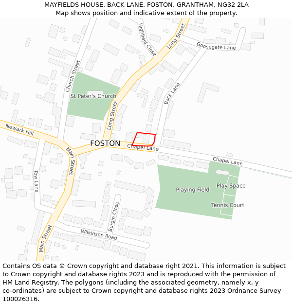 MAYFIELDS HOUSE, BACK LANE, FOSTON, GRANTHAM, NG32 2LA: Location map and indicative extent of plot