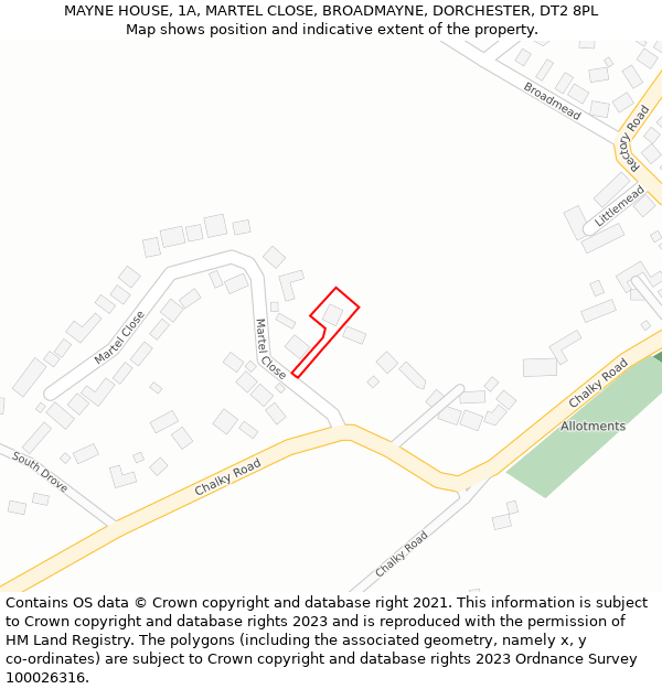 MAYNE HOUSE, 1A, MARTEL CLOSE, BROADMAYNE, DORCHESTER, DT2 8PL: Location map and indicative extent of plot