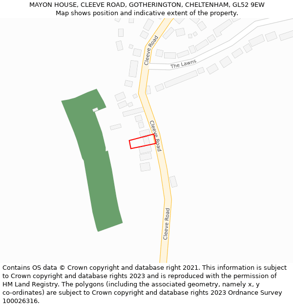 MAYON HOUSE, CLEEVE ROAD, GOTHERINGTON, CHELTENHAM, GL52 9EW: Location map and indicative extent of plot