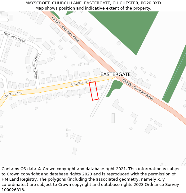 MAYSCROFT, CHURCH LANE, EASTERGATE, CHICHESTER, PO20 3XD: Location map and indicative extent of plot