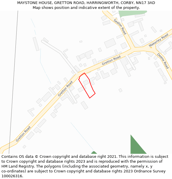 MAYSTONE HOUSE, GRETTON ROAD, HARRINGWORTH, CORBY, NN17 3AD: Location map and indicative extent of plot