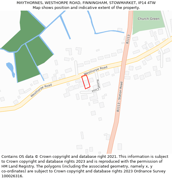MAYTHORNES, WESTHORPE ROAD, FINNINGHAM, STOWMARKET, IP14 4TW: Location map and indicative extent of plot