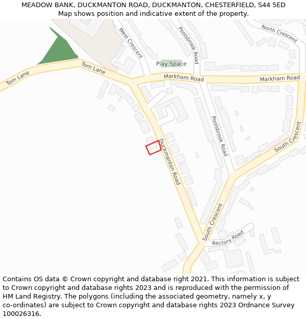 MEADOW BANK, DUCKMANTON ROAD, DUCKMANTON, CHESTERFIELD, S44 5ED: Location map and indicative extent of plot