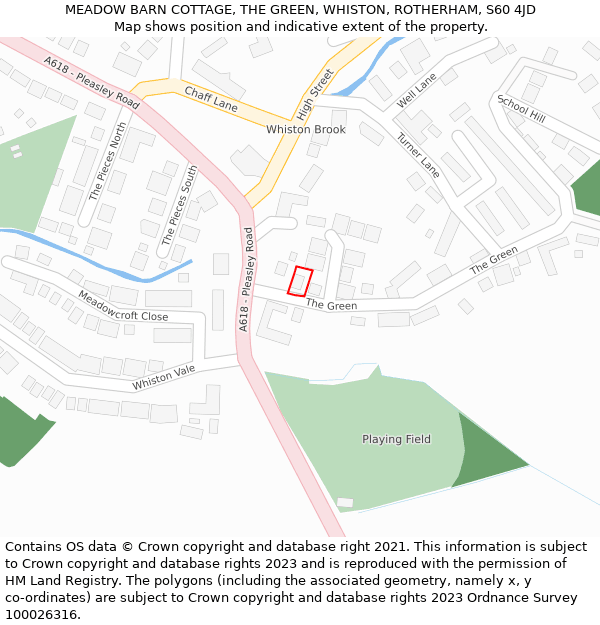MEADOW BARN COTTAGE, THE GREEN, WHISTON, ROTHERHAM, S60 4JD: Location map and indicative extent of plot