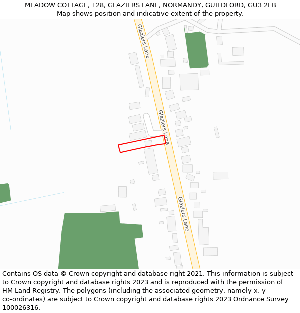 MEADOW COTTAGE, 128, GLAZIERS LANE, NORMANDY, GUILDFORD, GU3 2EB: Location map and indicative extent of plot