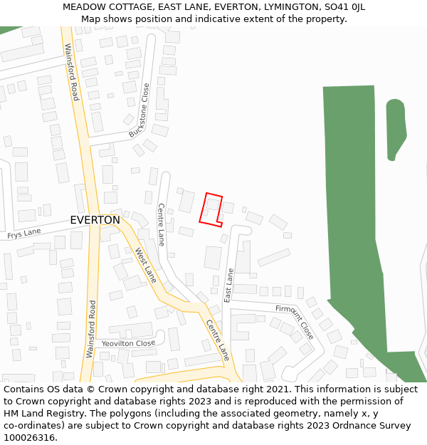 MEADOW COTTAGE, EAST LANE, EVERTON, LYMINGTON, SO41 0JL: Location map and indicative extent of plot