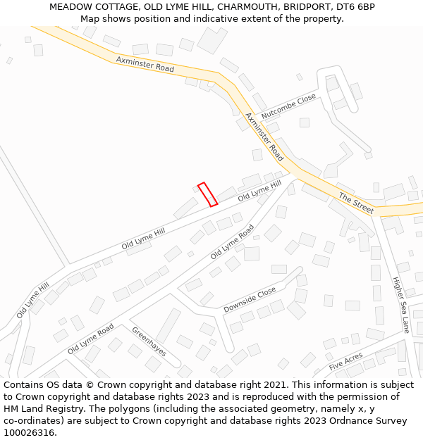 MEADOW COTTAGE, OLD LYME HILL, CHARMOUTH, BRIDPORT, DT6 6BP: Location map and indicative extent of plot