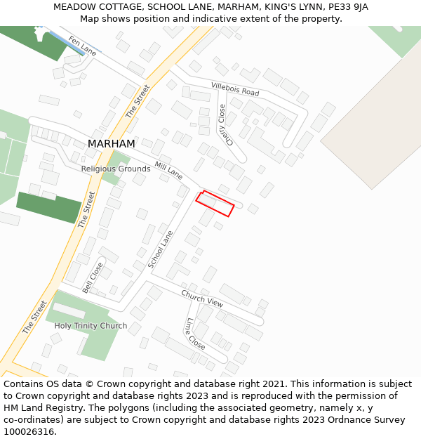 MEADOW COTTAGE, SCHOOL LANE, MARHAM, KING'S LYNN, PE33 9JA: Location map and indicative extent of plot