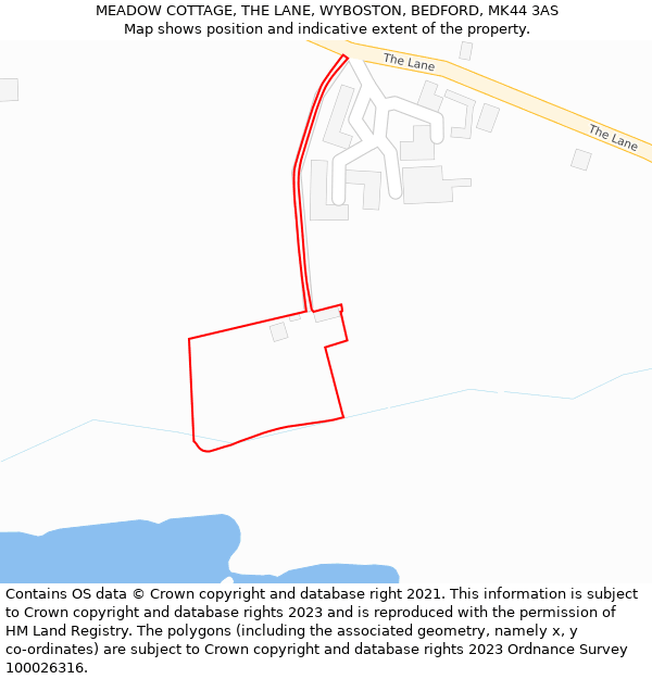 MEADOW COTTAGE, THE LANE, WYBOSTON, BEDFORD, MK44 3AS: Location map and indicative extent of plot