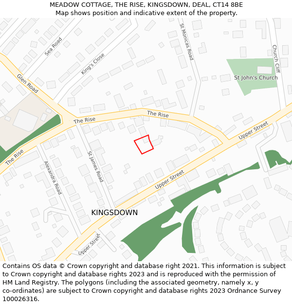 MEADOW COTTAGE, THE RISE, KINGSDOWN, DEAL, CT14 8BE: Location map and indicative extent of plot