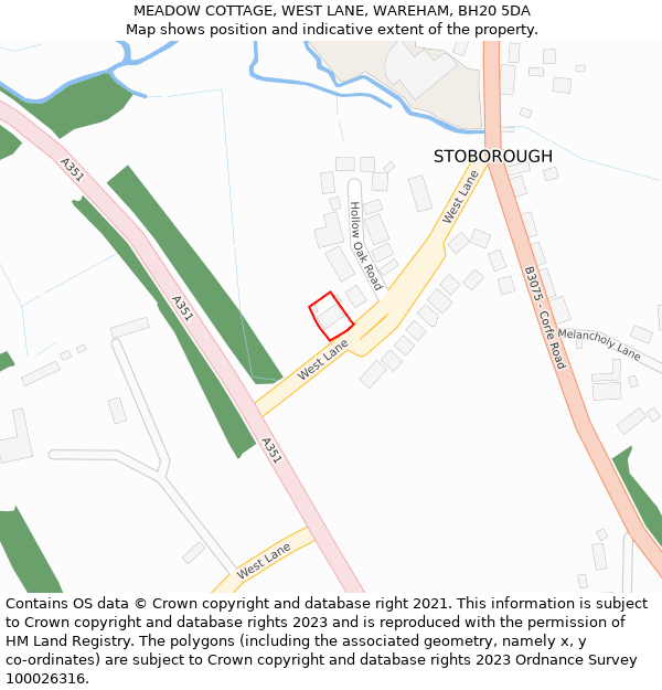 MEADOW COTTAGE, WEST LANE, WAREHAM, BH20 5DA: Location map and indicative extent of plot