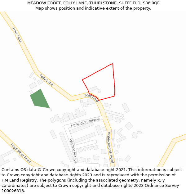 MEADOW CROFT, FOLLY LANE, THURLSTONE, SHEFFIELD, S36 9QF: Location map and indicative extent of plot